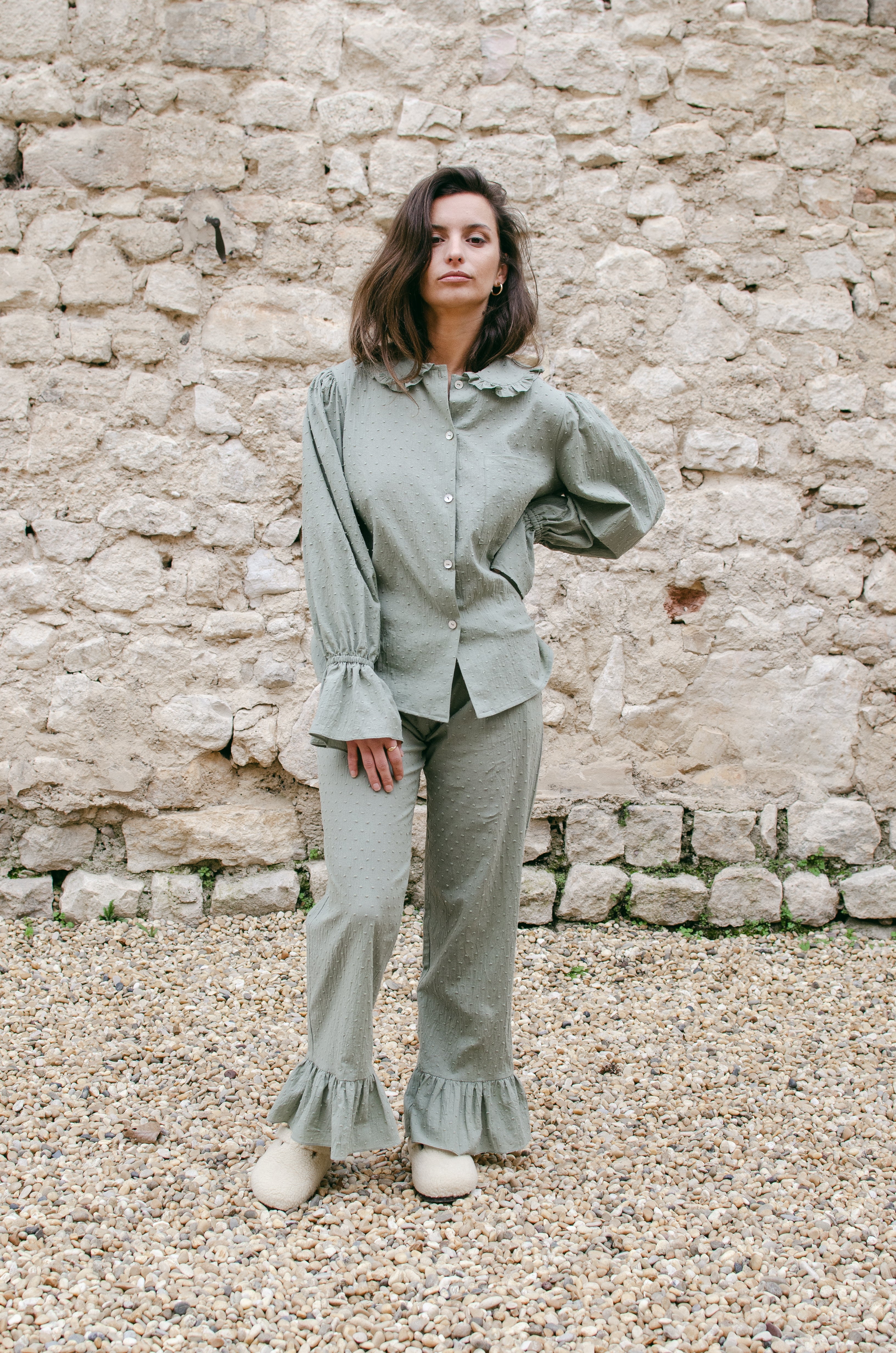 Pantalon Marcel imprimé Plumetis vert tilleul - Rezine Paris